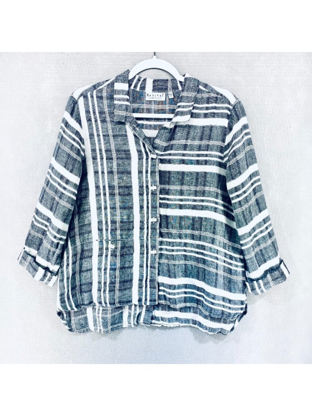Habitat Top Womens S Gray Linen Button Up Blouse Chambray Sustainable Preppy